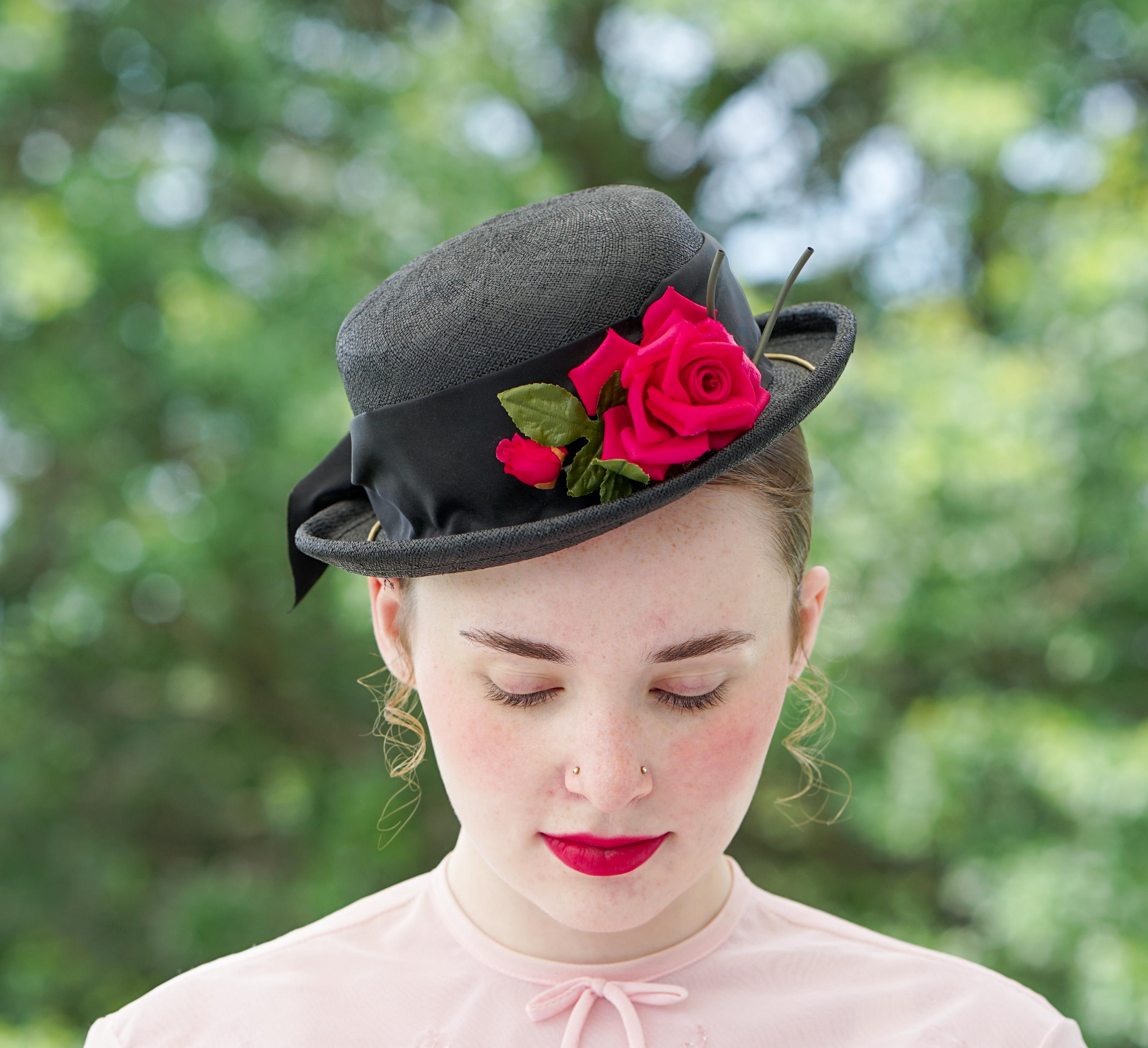Vintage Codette Originals Black‎ Straw Cloche Hat Bowler 1950s 1960s Size 6 3/4 Vtg 60s cloche hat black straw bow 21” Otti | Mercari main image 4