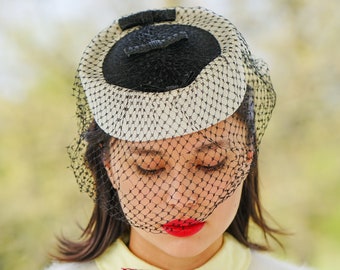 Vintage 1950s Whittall & Shon Pillbox with polka dot Veil Hat Vintage Bowknot Veil Hat Mini Top Hat Pill Box Hat Classic  main image 4