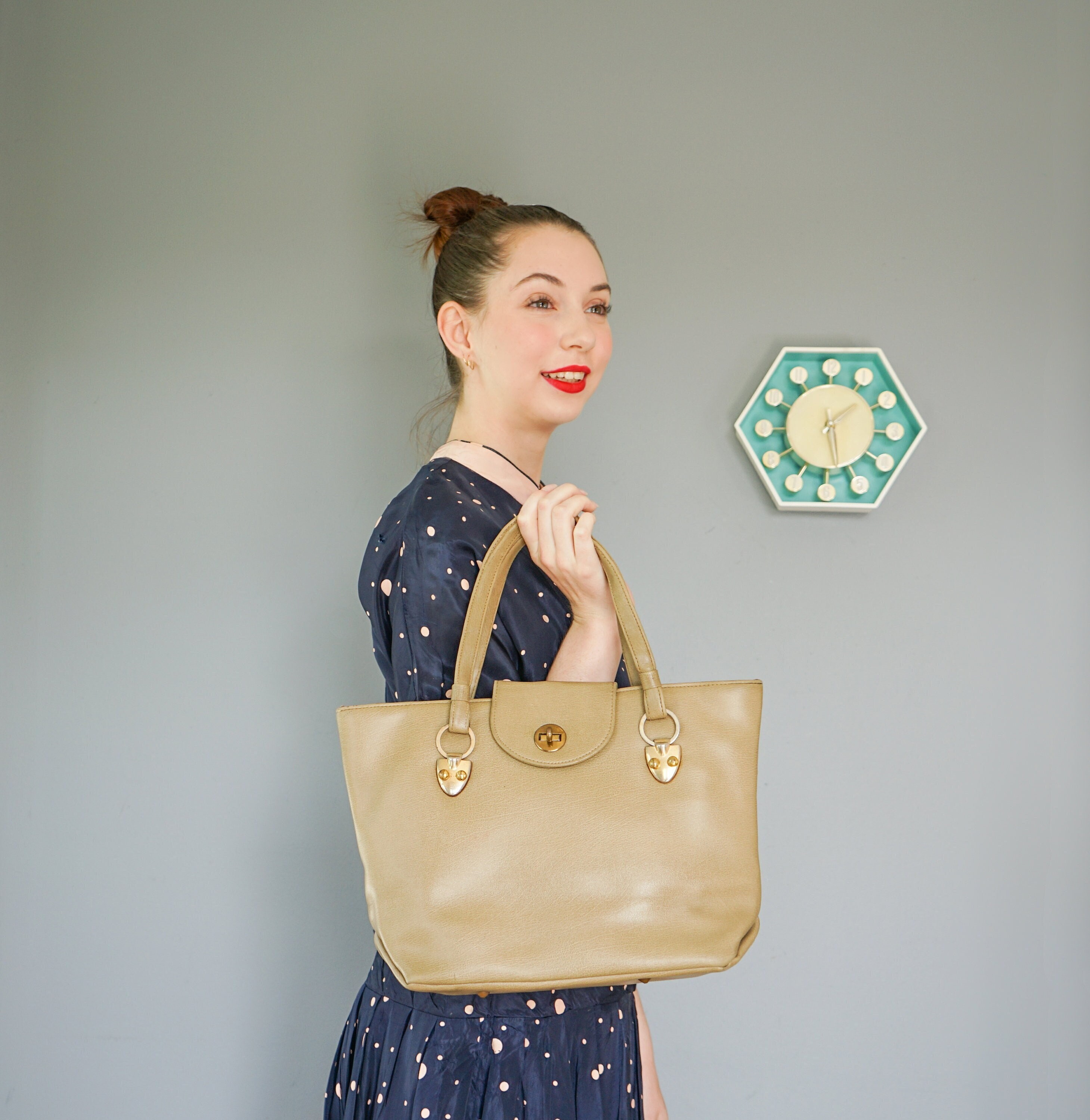 バッグ 80s 90s VINTAGE LEATHER TOTE BAG Vintage Faux Leather Tote Bag/ 1980s-90s Purse/ Vintage Purse