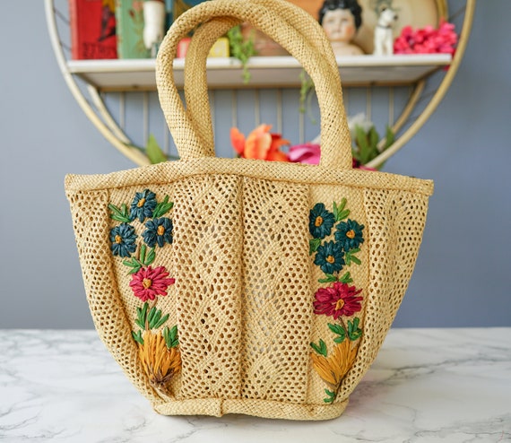 Vintage Straw Raffia Floral Embroidery Purse/ Vin… - image 9