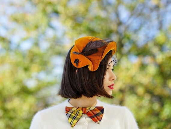 Vintage Velvet Feather Half Hat, Off the Face Hat,