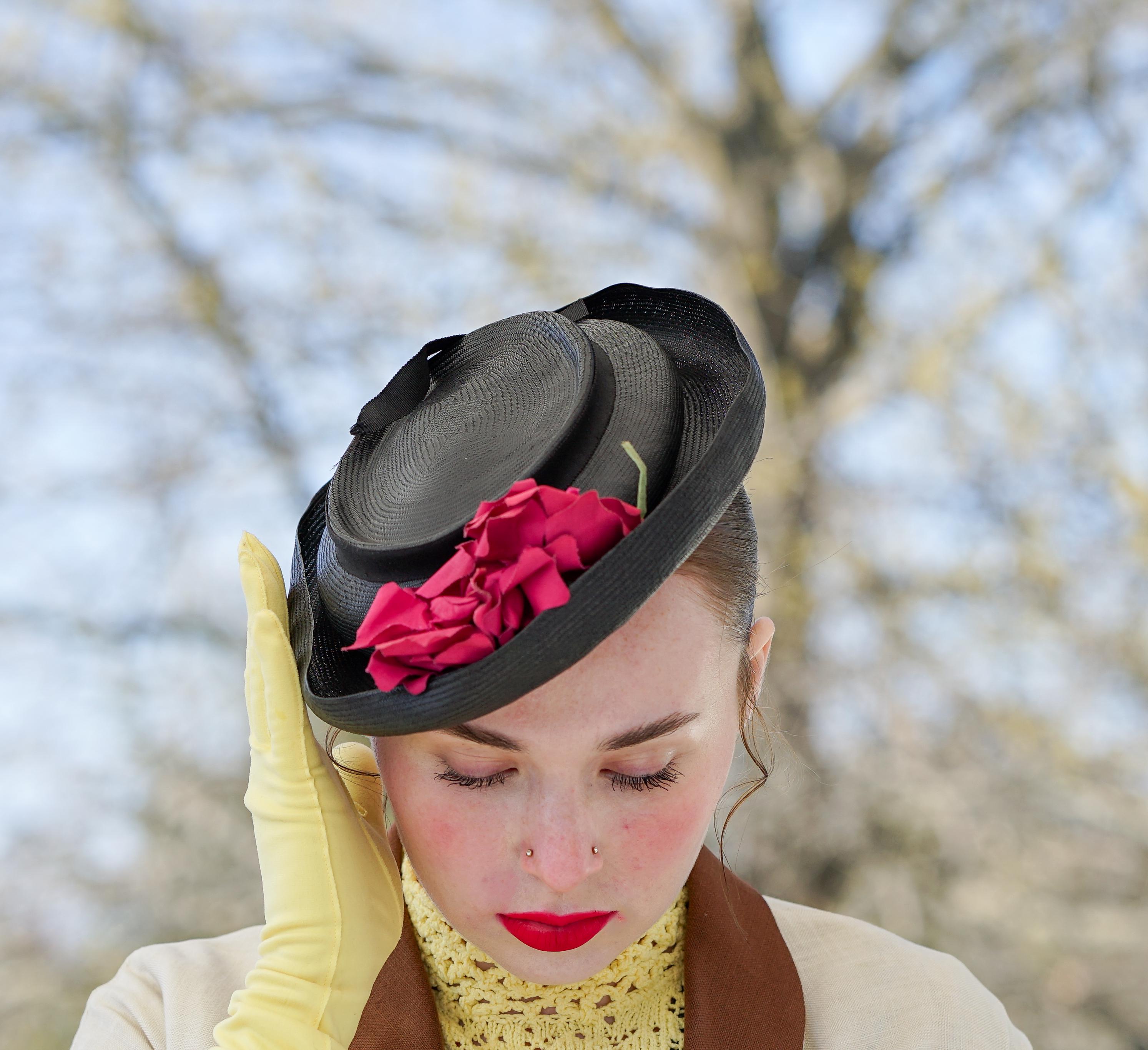 Vintage Mr Monroe Black Straw Sun Hat Floral Scarf Accent Vintage @libertyfabrics floppy wide brim sun hat with powder  main image 3