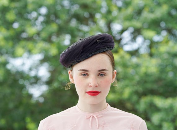Vintage Straw Tulle Pillbox Hat, Half Hat, 1950s-60s Hat  display picture 2