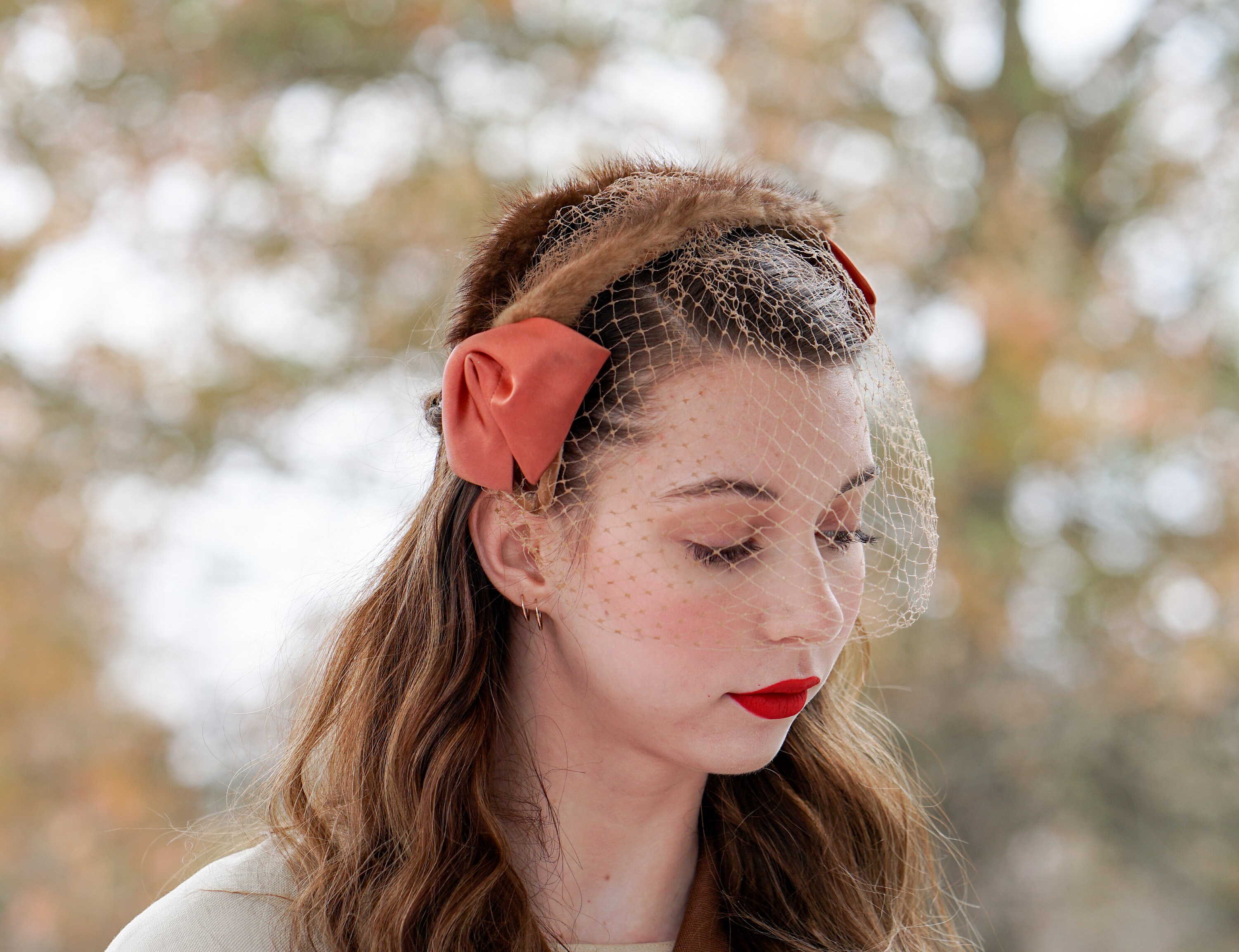Vintage Brendel Fur Trim Cocktail Hat Blush Satin Mid Century 1950s Four Bows!!! Vintage Fur Headband Hat With Veil, Whimsy Hat, Vintage Hat  main image 4