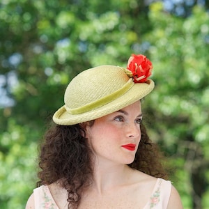Vintage Straw Floral Breton Hat, Women Bowler Hat, Vintage Hat, 1950s Hat, Women Hat, Tea Party Hat, Wedding Hat, Wide Brim Hat, Cottagecore