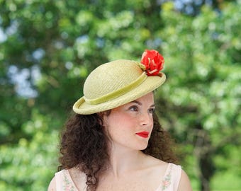 Vintage Straw Floral Breton Hat, Women Bowler Hat, Vintage Hat, 1950s Hat, Women Hat, Tea Party Hat, Wedding Hat, Wide Brim Hat, Cottagecore