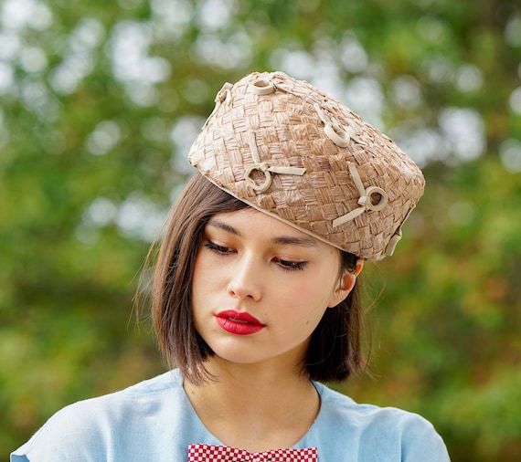 Vintage Straw Pillbox Hat With Bow, Vintage Hat, 1950-60s  display picture 3