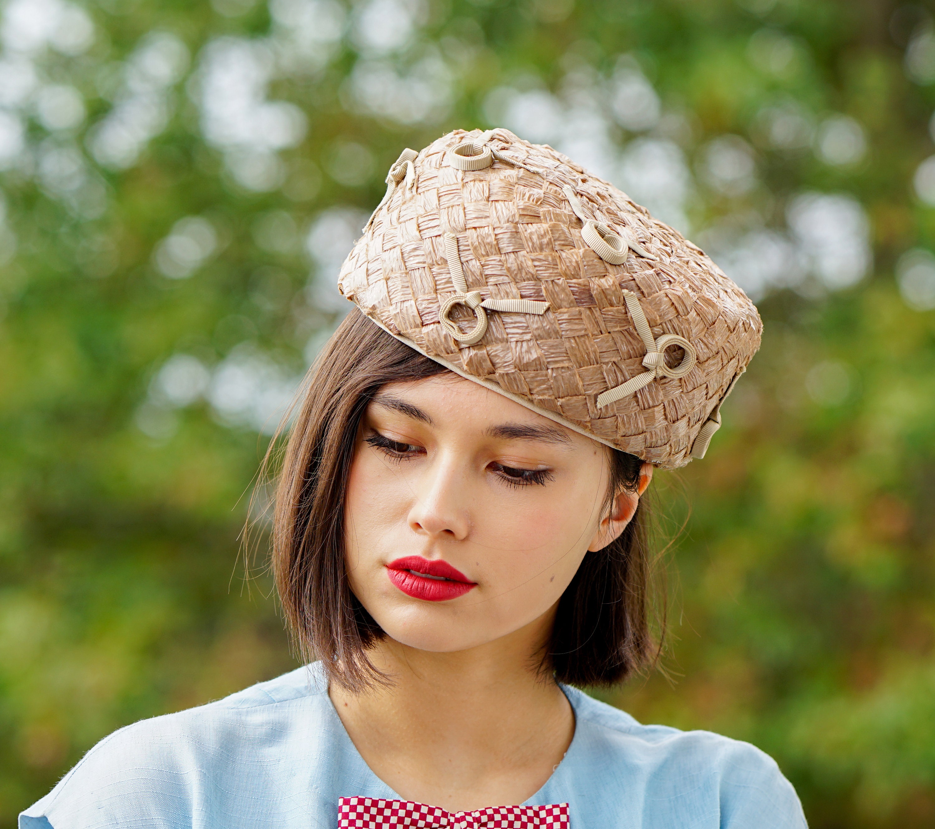 Vintage Straw Pillbox Hat With Bow, Vintage Hat, 1950-60s  display picture 1