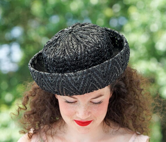 Vintage Straw Breton Hat, Women Bowler Hat, 1950s… - image 3