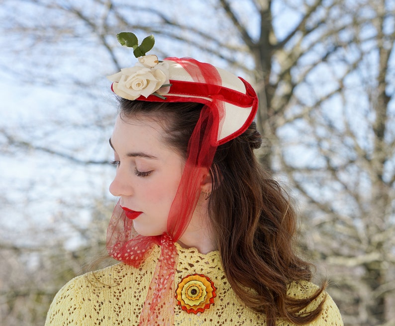 Vintage Floral half hat, Easter Bonnet Hat, 1950s-60s Hat, Vintage Hat, Women Hat, Wedding Hat, Tea Party Hat, MCM Hat, Spring Summer Hat image 2