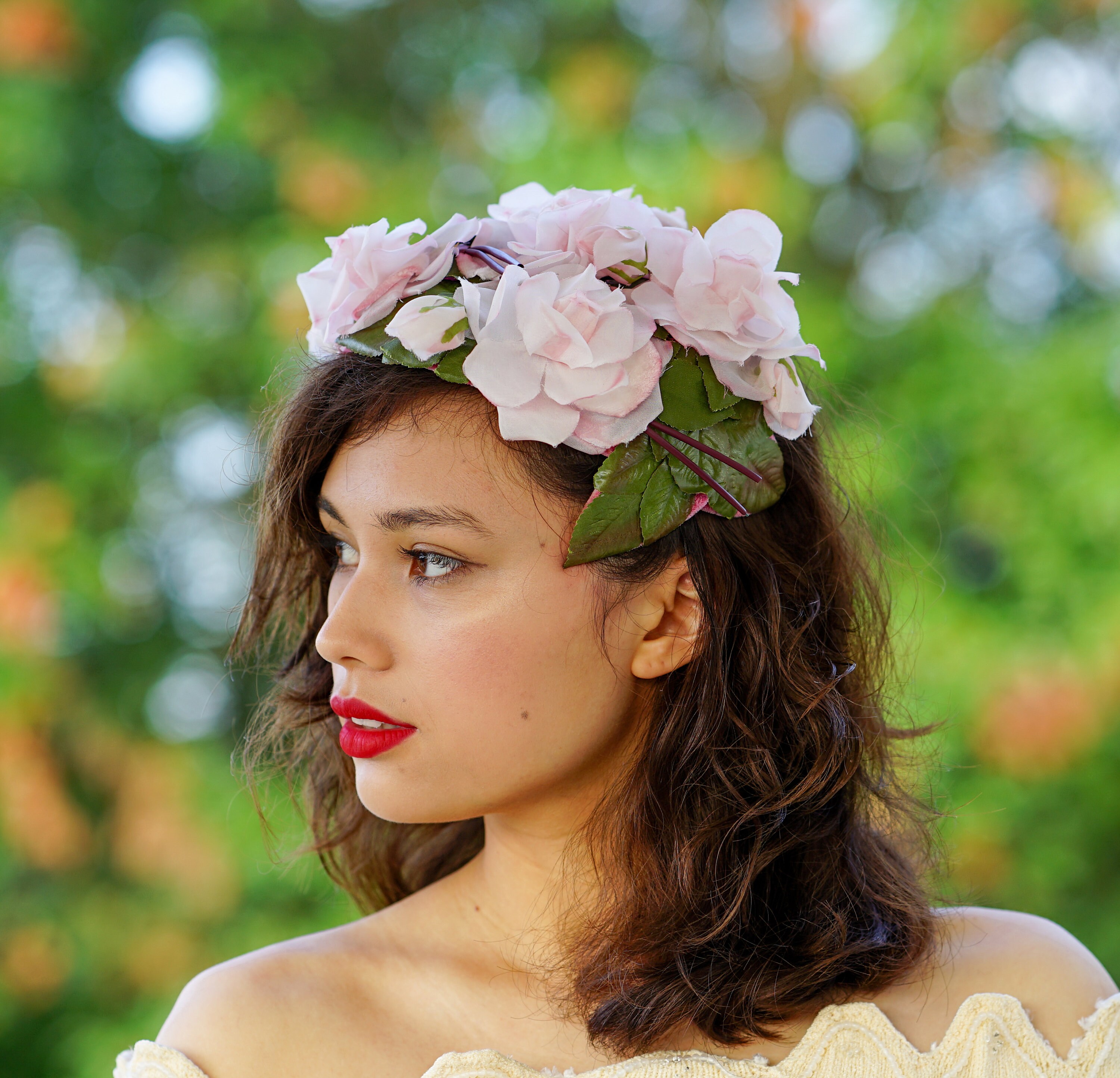 Vintage 1950s Modern Miss Pink White Floral Half Hat Headpiece Union Made USA Vintage 1950 main image 4