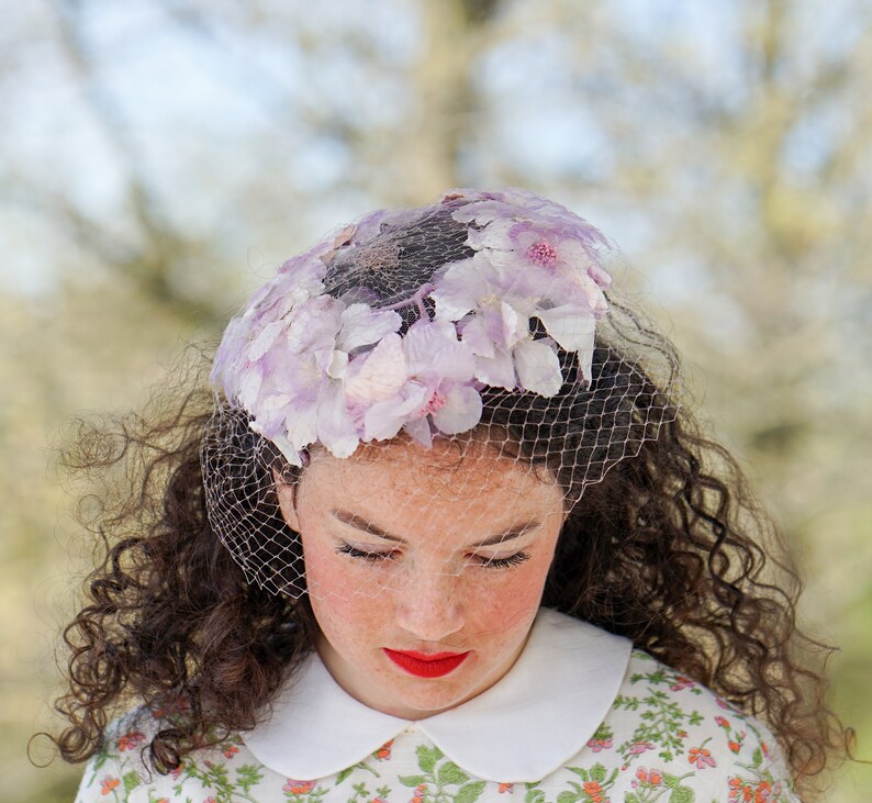 Vintage Floral Half Hat with Veil, Whimsy Hat, Birdcage Hat, Vintage Hat, 1950s-60s Hat, Tea Party Hat, Wedding Hat, Kentucky Derby Hat image 4