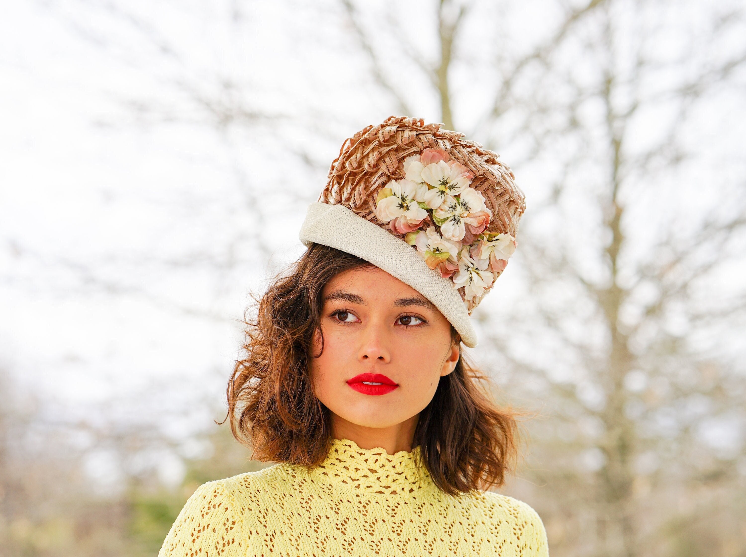 Vintage Straw Floral Cloche Hat, 1950s-60s Hat, Vintage Hat 