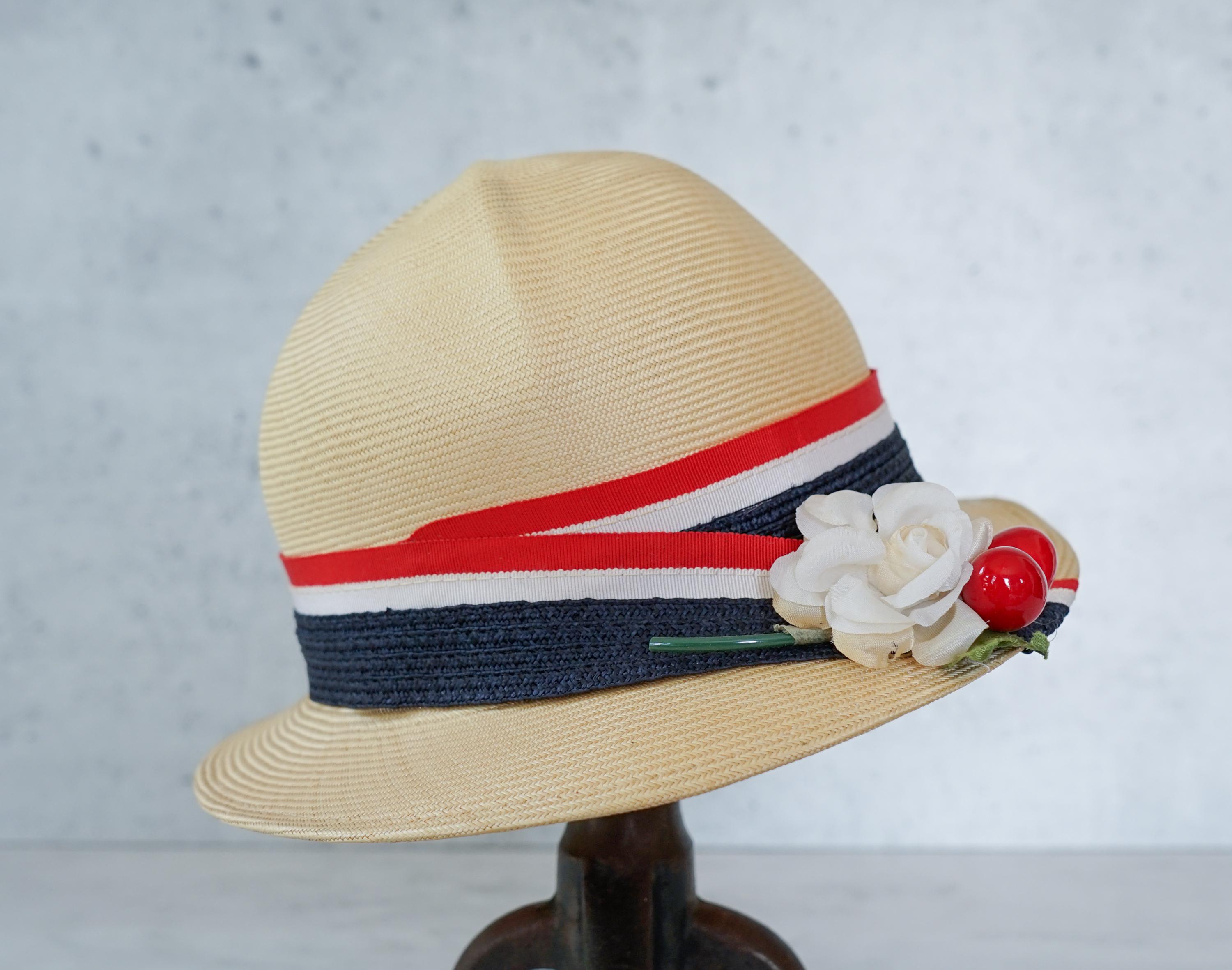 Vintage Cherry Floral Straw Bowler Hat: 1950s-60s Retro MCM  display picture 3