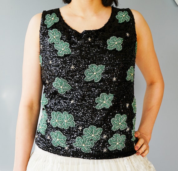 Vintage Floral Bead Sequin Blouse Size M, 1950s-1… - image 2