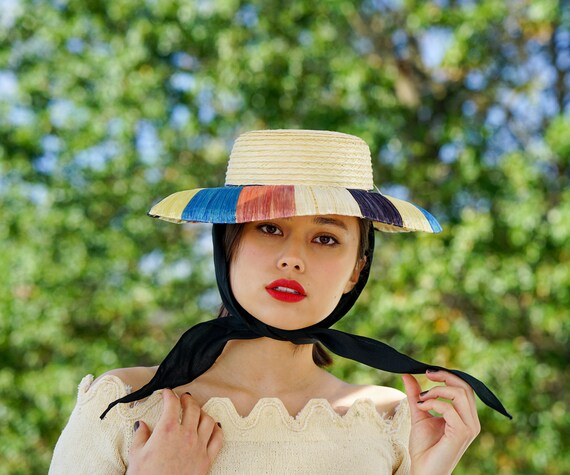 Vintage Straw Boater Scarf Hat with Hat Box, Straw