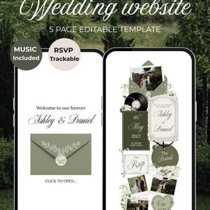 May include: A digital wedding website template displayed on two smartphones, featuring an olive green and ivory color scheme. The design includes an envelope with a wax seal, photos of a couple, RSVP tracking, and text reading Welcome to our forever Ashley & Daniel.