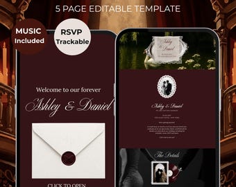 Szablon strony internetowej Old Money Burgundy Wedding | Zaproszenie ślubne z potwierdzeniem obecności, odliczaniem i muzyką | Pobieranie cyfrowe