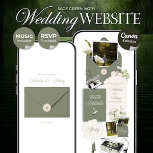 Peut inclure: Un modèle de site web de mariage numérique en vert sauge et ivoire présentant deux écrans de smartphone. L'interface affiche une enveloppe avec un sceau de cire, des accents floraux, une cassette audio et du texte incluant Amelia & Henry, RSVP et Details.