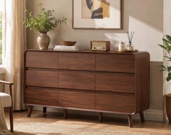 55" Mid Century Modern 9 Drawer Dresser, Wood Storage Chest TV Stand