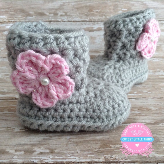 Items similar to Baby Girl Boots, Crochet Baby Girl Booties, Gray Baby
