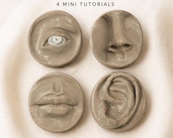 May include: A face sculpting set with four mini tutorials. The set includes four gray, circular clay pieces, each depicting a facial feature: an eye, nose, lips, and ear. The text at the top reads "FACE SCULPTING SET" and "4 MINI TUTORIALS".