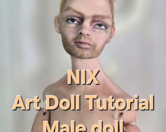 May include: A handmade art doll head with a realistic male face, blonde hair, and a neutral expression. The image includes text that reads "NIX Art Doll Tutorial Male doll PDF + Video".
