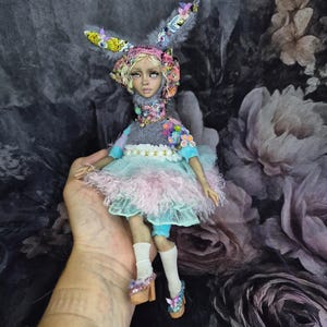 Miss Bunny Augustina – Mixed media art doll, 20 cm poseable bunny doll with handmade details