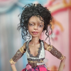 OOAK Art Doll – Handmade 12" Curly-Haired BJD with Crochet Top