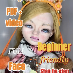 May include: A doll head with the name "Juna" in orange text. The image includes text that reads "A gentle doll head", "PDF + video", "Beginner friendly", "Face Sculpting Guide", and "Step by step" by Kristiina Meiner. The doll has blonde hair, blue eyes, and a decorative headband.