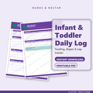 Può includere: Un foglio di registro giornaliero stampabile per neonati e bambini piccoli con intestazioni viola e campi bianchi per tracciare poppate, cambi di pannolino e sonnellini. Il documento include sezioni per umore, attività e salute, etichettato Runes & Nectar.