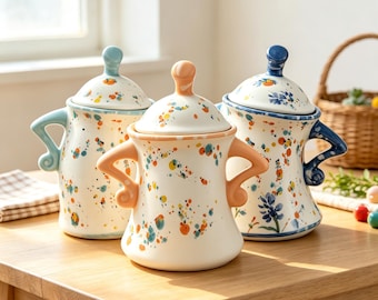 Może przedstawiać: Trzy ceramiczne pojemniki z pokrywkami, każdy z dwoma zakrzywionymi uchwytami i kremową podstawą ozdobioną kolorowymi rozpryskami farby w odcieniach niebieskiego, pomarańczowego i zielonego. Pokrywki mają małe uchwyty i pasujące wzory rozprysków.