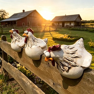 May include: Three white ceramic chicken figurines with red combs and orange beaks perched on a wooden fence. Each chicken has large, wide eyes and detailed feather textures, positioned in a row against a backdrop of barns and a sunset.