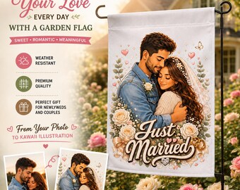 Just Married Garden Flag: Personalized Bride and Groom Custom Photo to Cartoon, Wedding Garden Decor, Newlywed Gift, Wedding Yard Flag