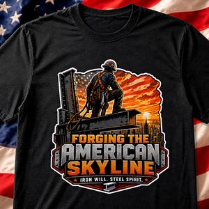 May include: A black t-shirt featuring a graphic of a construction worker kneeling on a steel beam against a sunset city backdrop. The text reads FORGING THE AMERICAN SKYLINE and IRON WILL. STEEL SPIRIT. The design includes a stylized American flag.