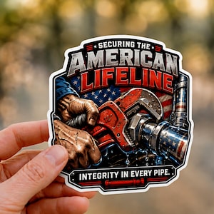 Könnte beinhalten: Ein gestanzter Aufkleber mit einer roten Rohrzange mit der Aufschrift 18 Zoll, die von einer Hand gehalten wird, vor einem US-Flaggenhintergrund. Der Text lautet SECURING THE AMERICAN LIFELINE und INTEGRITY IN EVERY PIPE in weißer und roter Schrift.
