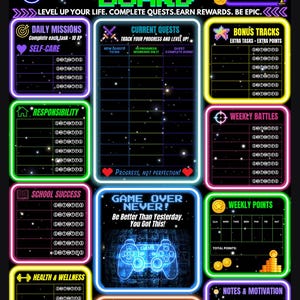 May include: A black digital quest board with neon-colored borders and pixelated text. Sections include Daily Missions, Current Quests, Bonus Tracks, Weekly Battles, School Success, Weekly Points, Health & Wellness, Streak Tracker, and Notes & Motivation.