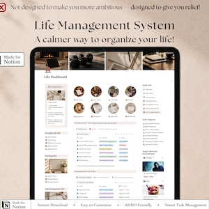 May include: A digital Life Management System dashboard for Notion displayed on a tablet screen. The interface features a Life Dashboard with sections for daily tasks, meal planning, and appointments, using circular icons and organized lists.