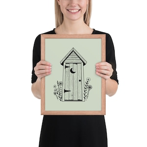 Framed Light Green Outhouse Print, The Loo in Bloom, Bathroom Wall Art, Quirky Bathroom Decor, Prints for Bathroom, Outhouse Illustration