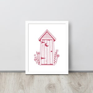 Framed Red Outhouse Print, The Loo in Bloom, Bathroom Wall Art, Quirky Bathroom Decor, Prints for Bathroom, Outhouse Illustration