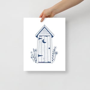 Blue Outhouse Print, The Loo in Bloom, Bathroom Wall Art, Quirky Bathroom Decor, Prints for Bathroom, Outhouse Illustration UNFRAMED