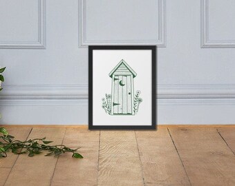 Framed Outhouse Wall Art Print | Rustic Farmhouse Bathroom Decor | Green Bathroom Wall Art | Cottage Bathroom Illustration