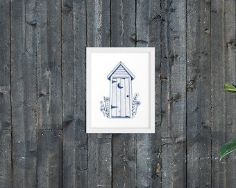 Framed Outhouse Wall Art Print | Rustic Farmhouse Bathroom Decor | Blue Bathroom Wall Art | Cottage Bathroom Illustration