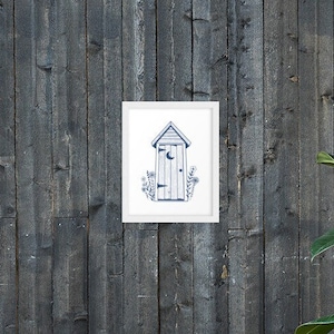 Framed Blue Outhouse Print, The Loo in Bloom, Bathroom Wall Art, Quirky Bathroom Decor, Prints for Bathroom, Outhouse Illustration