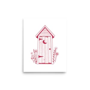 Red Outhouse Print, The Loo in Bloom, Bathroom Wall Art, Quirky Bathroom Decor, Prints for Bathroom, Outhouse Illustration UNFRAMED