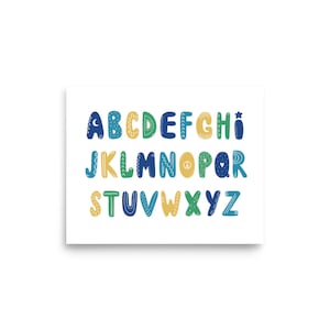 Cartel del alfabeto azul, impresión de la A a la Z, alfabeto ingenioso, ilustración del ABC, arte de la pared para niños, cartel de letras, letras coloridas, SIN MARCO