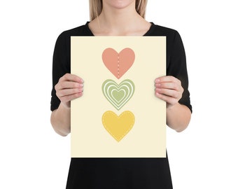 Yellow, Green, & Pink Heart Poster, Love Print, Hearts Illustration, Girl’s Wall Art, Nursery Art, UNFRAMED