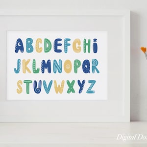 DESCARGA DIGITAL - Póster del alfabeto, impresión de la A a la Z, ilustración del abecedario, arte mural infantil, decoración de habitación de niño, póster de letras