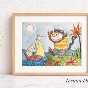 Watercolor Monster Nursery Wall Art Printable | Whimsical Storybook Creature | Wild One Theme | Kids Playroom Decor | Instant Download