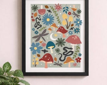Framed Whimsical Woodland Nursery Wall Art | Mushroom & Wildflower Print | Cottagecore Kids Room Decor | Nature Art for Baby Room